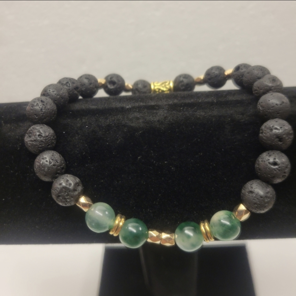 Handcrafted Men's Gold, Black Lava, and Green Emerald Beaded Bracelet